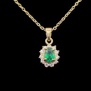 Vintage Faux Green Emerald Halo Pendant Necklace 18K yellow gold electroplate